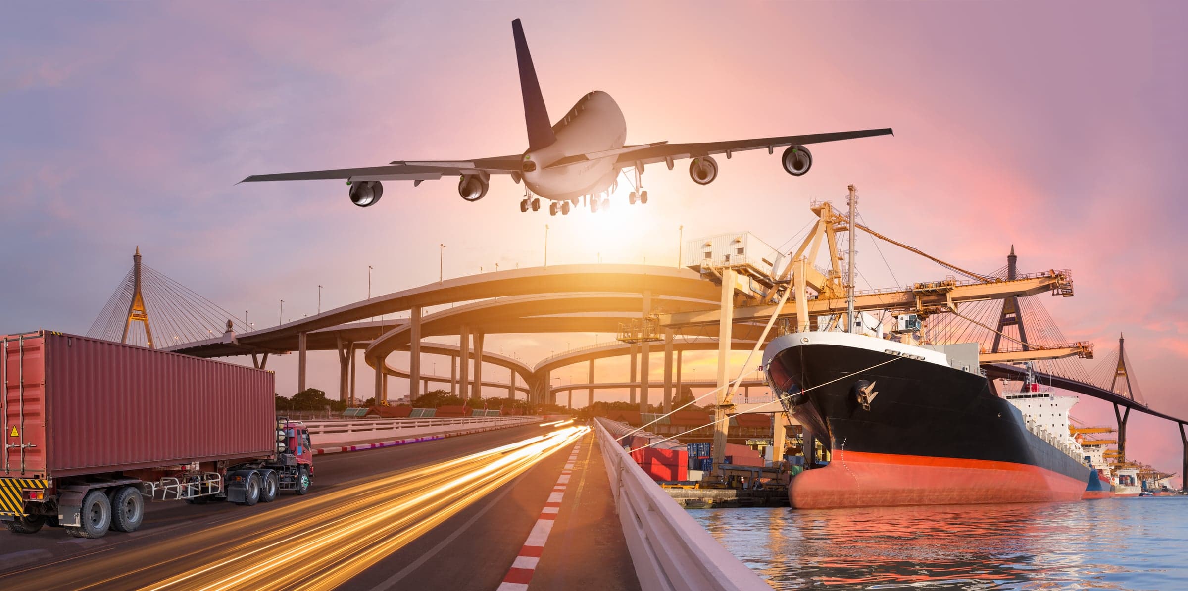 A cargo plane, truck, and ship representing Unbox NG's air, road, and sea logistics
