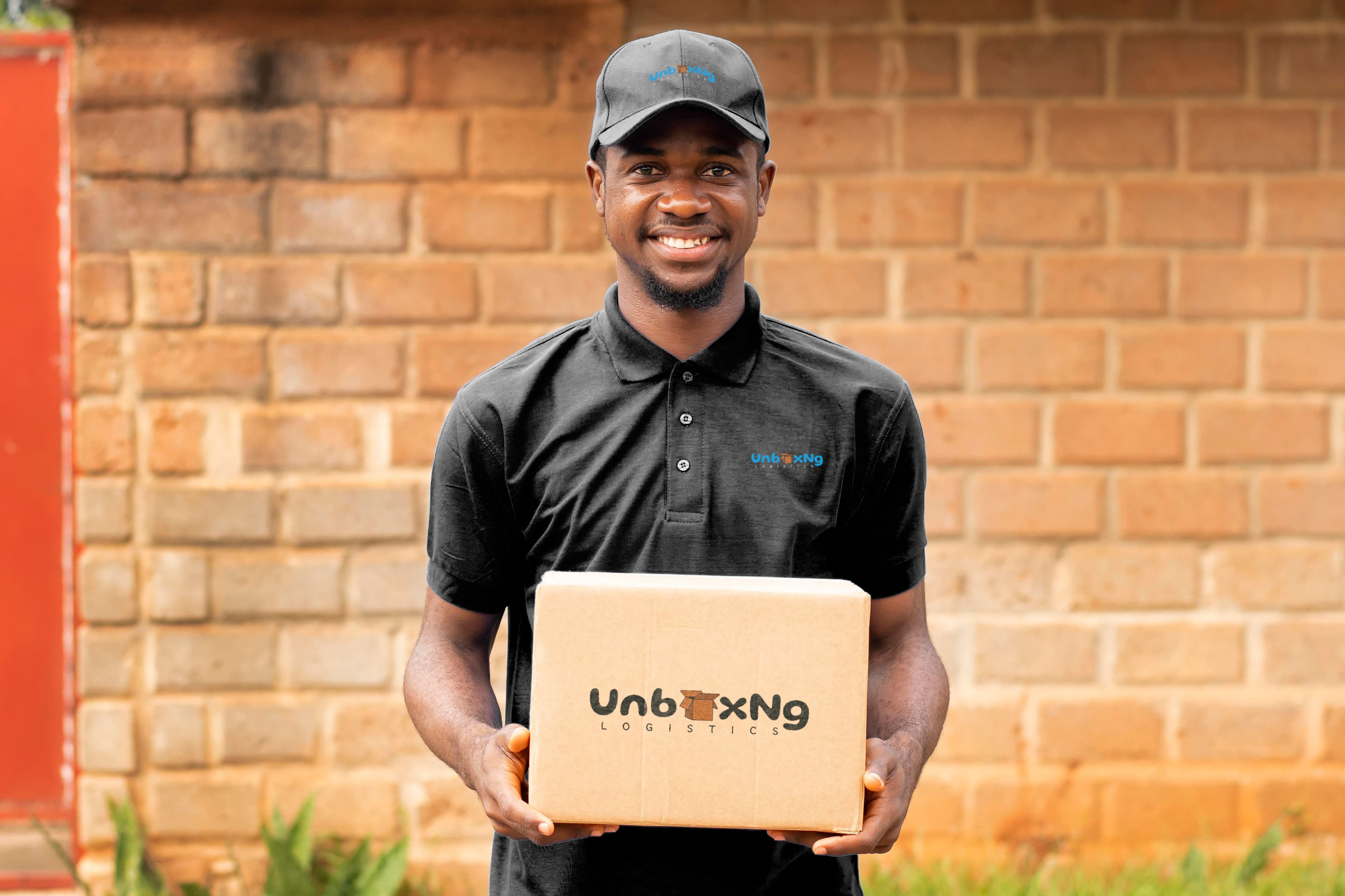 Unbox NG delivery team member holding a branded parcel