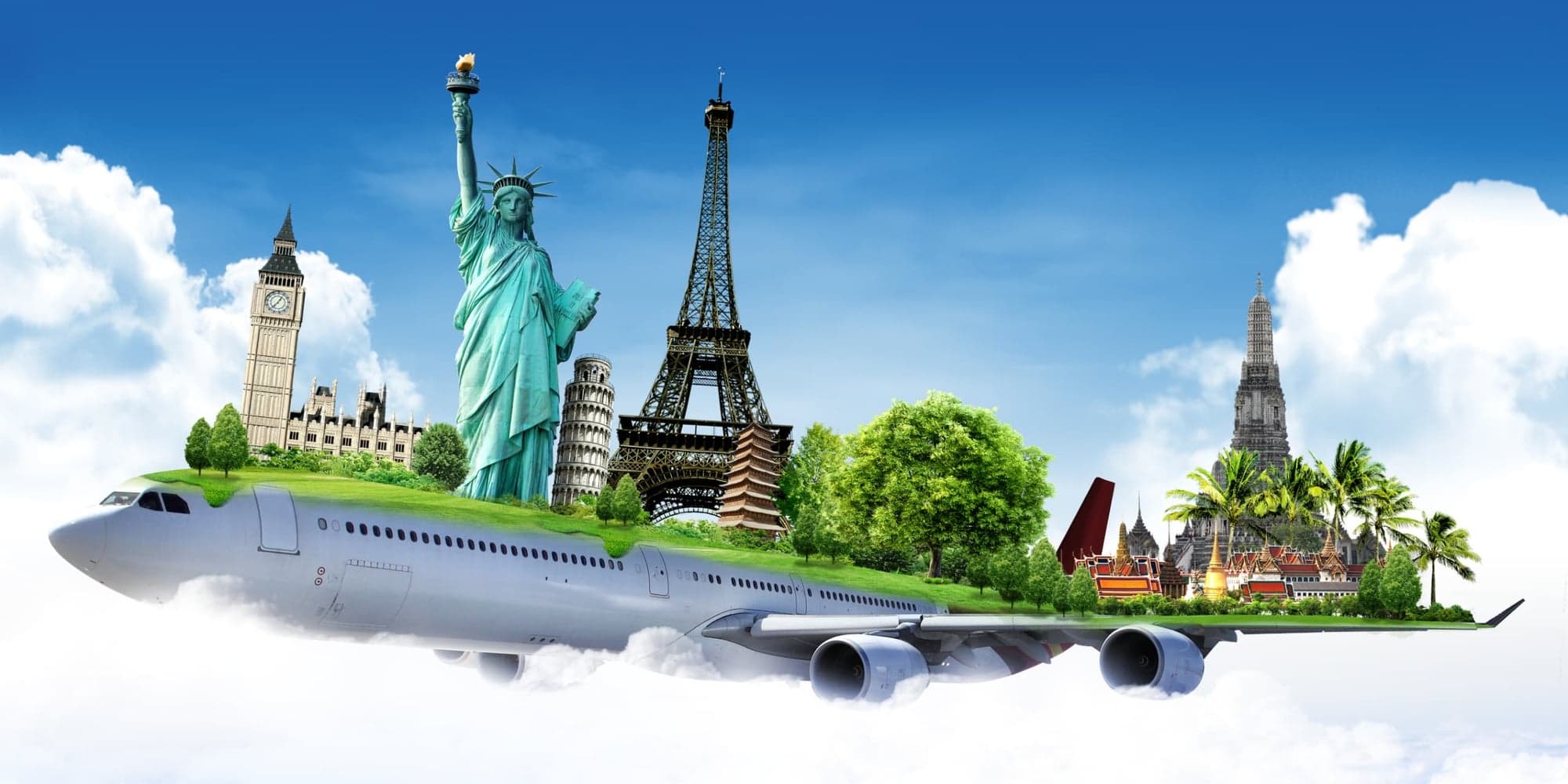 A plane flying above the clouds carrying famous world landmarks